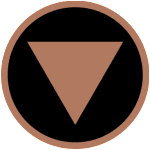 A brown triangle in the middle of a black circle.